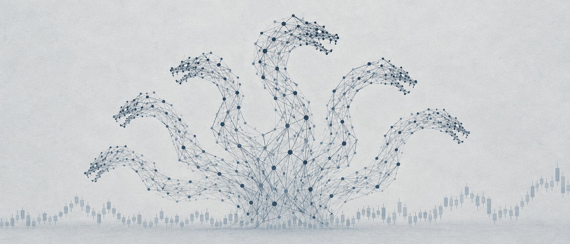 A many-headed creature drawn as a network of nodes, rising from a line of candlestick bars.